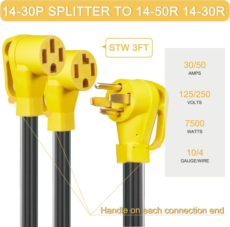 Suplevel 30 Amp Dryer Y Splitter to RV/EV, NEMA 14-30P to 14-50R/14-30R Splitter Power Adapter Cord, Dryer 4-Prong 30 AMP Y Adapter Cable for EV Charging at Dryer Outlet, STW 10 AWG, 3 FT, ETL Listed - Image 2